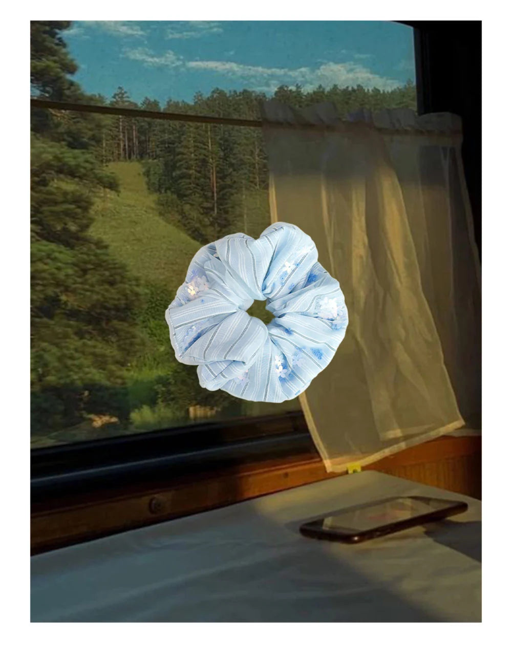 Likio Petite Floral Sequin Tulle Scrunchie - Baby Blue