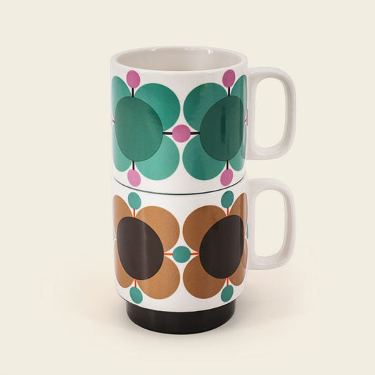 Orla Kiely Atomic Flower Stackable Mugs set of 2 in jewel and latte
