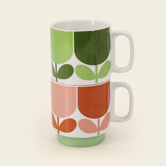 Orla Kiely Block Flower stackable mugs set of 2 in tomato and fern colours 