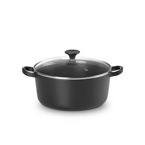 le creuset cast iron 22cm round casserole with glass lid in satin black