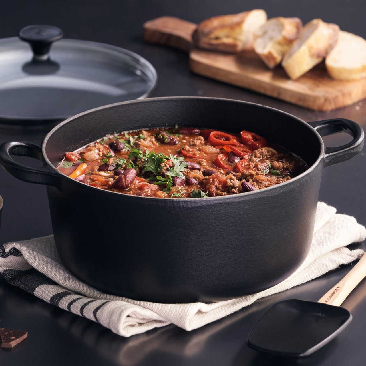 Le Creuset Cast Iron 22cm Round Casserole with Glass Lid in Satin Black