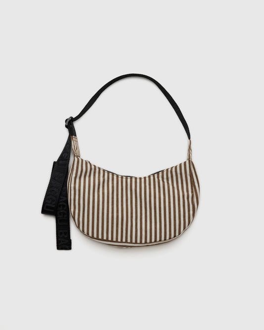 baggu small nylon crescent bag in brown stripe print 