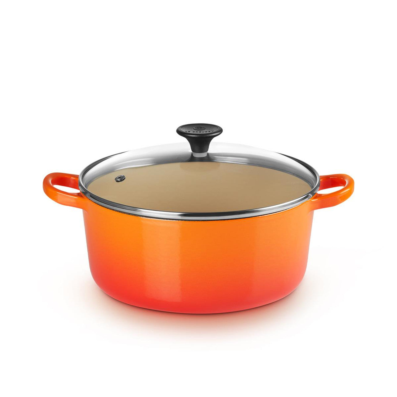 Le creuset cast iron 22cm round casserole with glass lid in volcanic