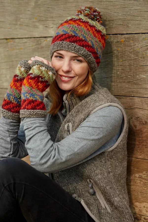 pachamama santa fe wristwarmers - a fairsle chevron pattern knitted in bold, vibrant colours.