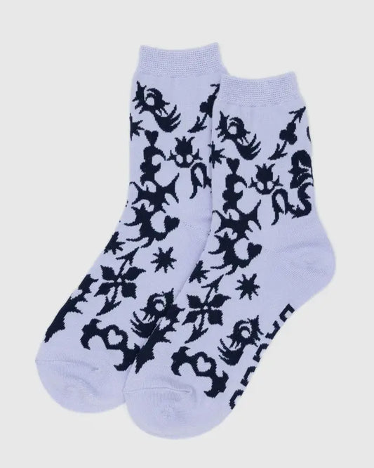Light purple socks with navy Western Cut-Outs pattern on a white background