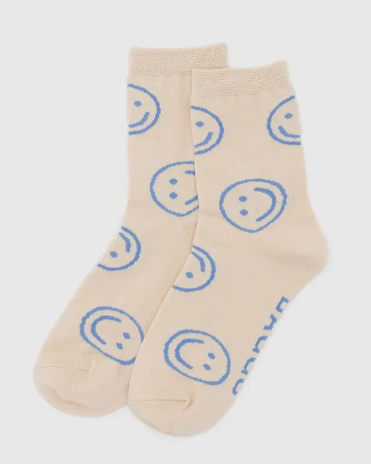 BAGGU BAGGU Adult Crew Sock in Ecru Periwinkle Happy
