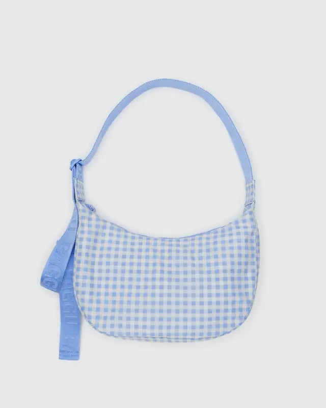 BAGGU Medium Nylon Crescent Bag Light Blue Gingham