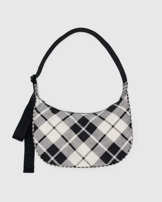 BAGGU Medium Nylon Crescent Bag Mixed Plaid Gingham in Black and White colours