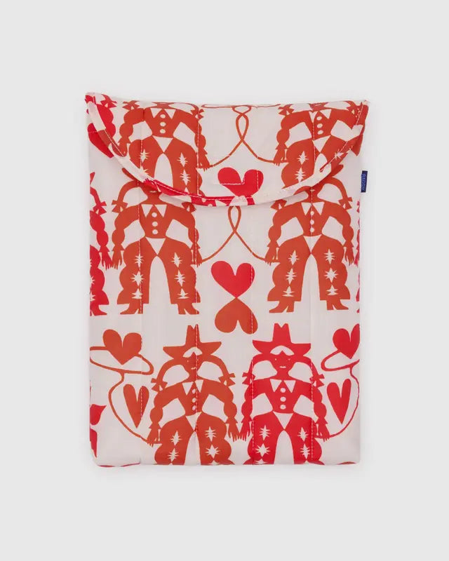 Red patterned pouch with cowgirl heart designs on a white background