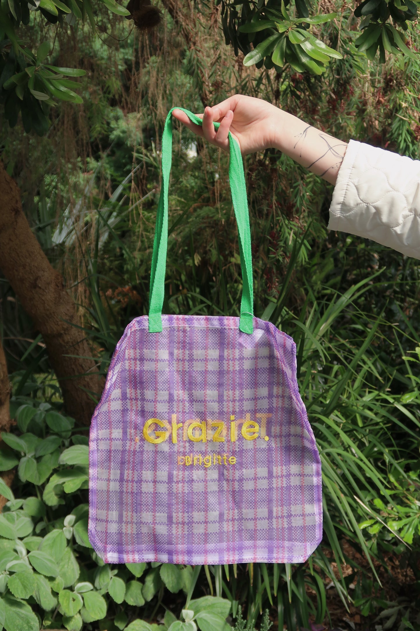 Brigitte Lanaka Organza Grazie / Thank you Bag in purple gingham pattern