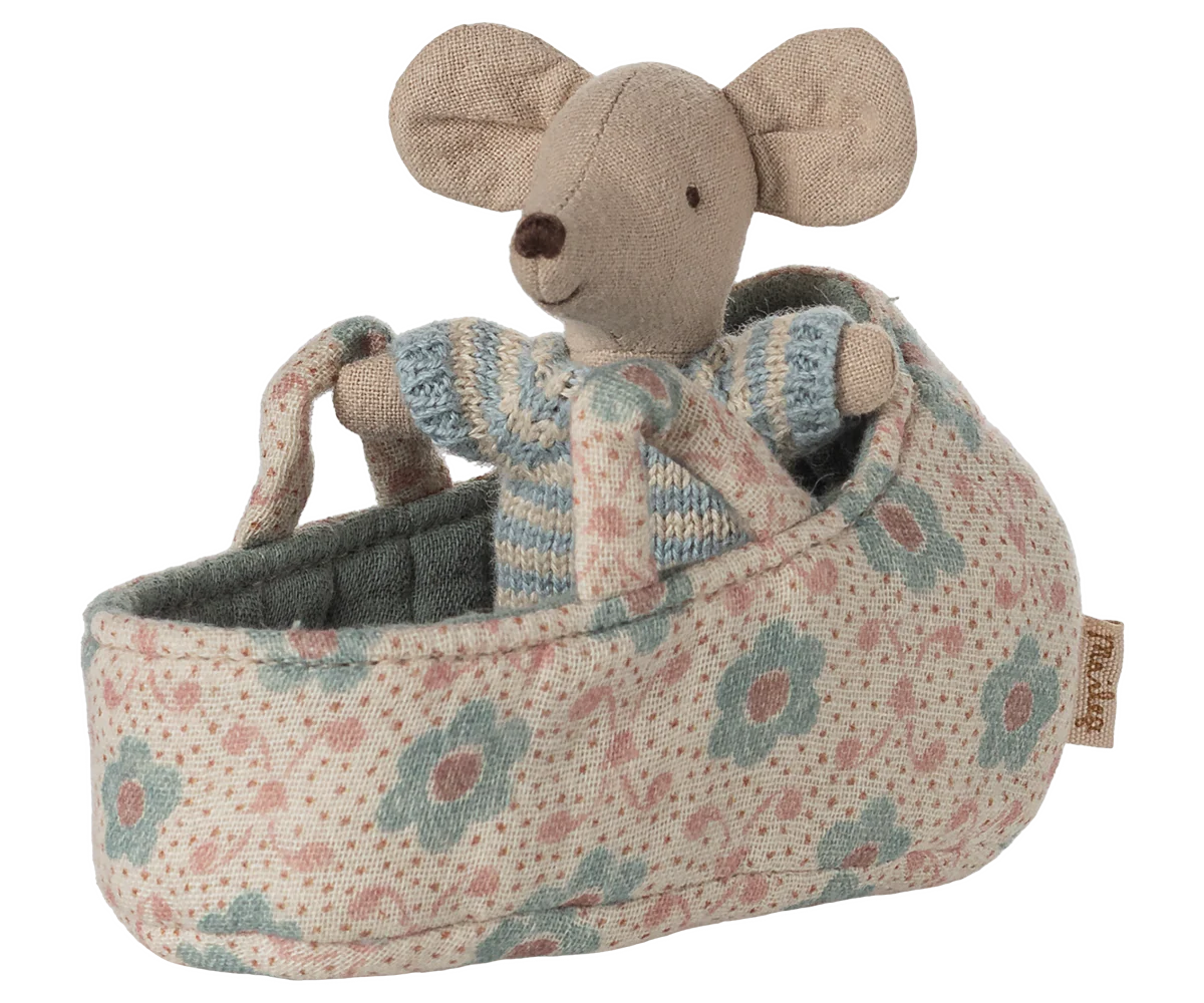 Maileg Baby Mouse in Carry Cot - Blue