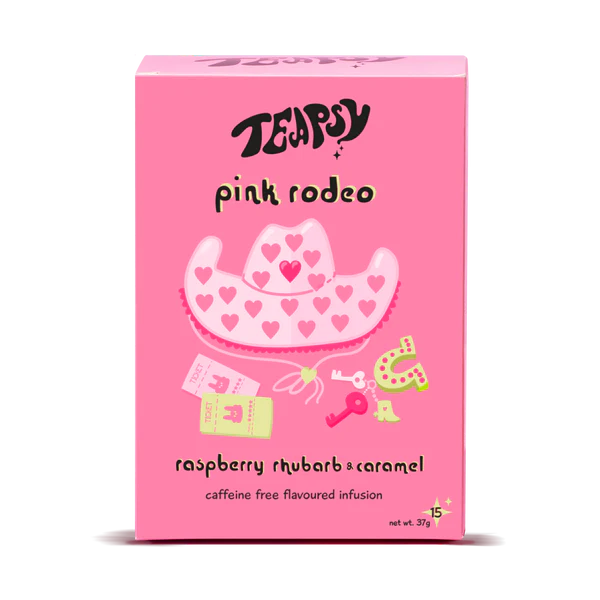 Pink box of Teapigs Pink Rodeo tea with a cowgirl hat design on a white background