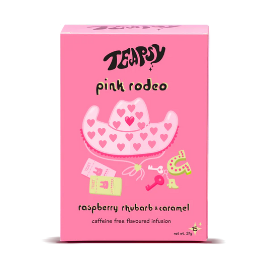 Pink box of Teapigs Pink Rodeo tea with a cowgirl hat design on a white background