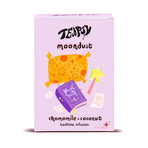 Tea box labeled 'Teapigs Moondust' with a purple background and colorful illustrations on a white background.