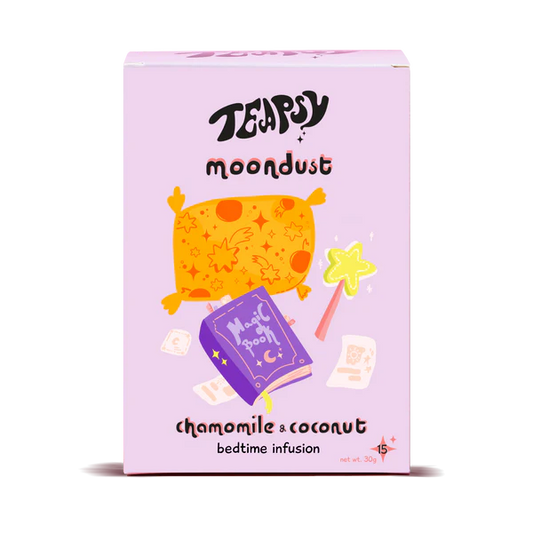 Tea box labeled 'Teapigs Moondust' with a purple background and colorful illustrations on a white background.