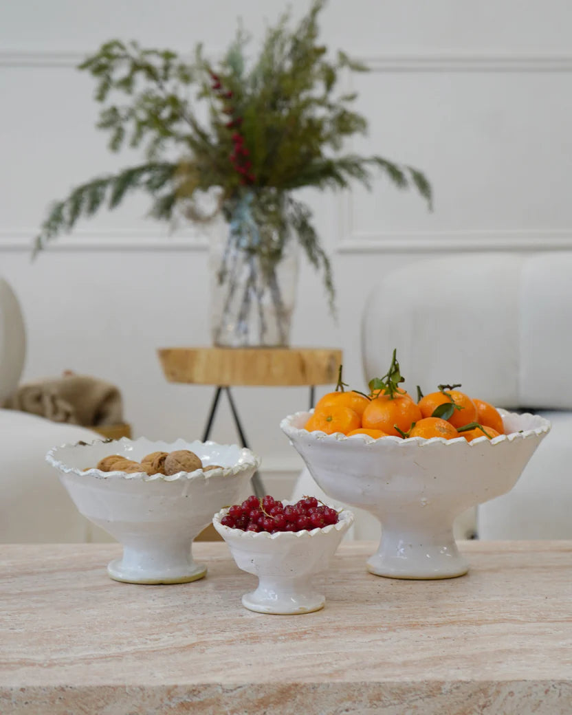 Moroccan White Tamegroute Jagged Edge Pedestal White Fruit Bowl XL