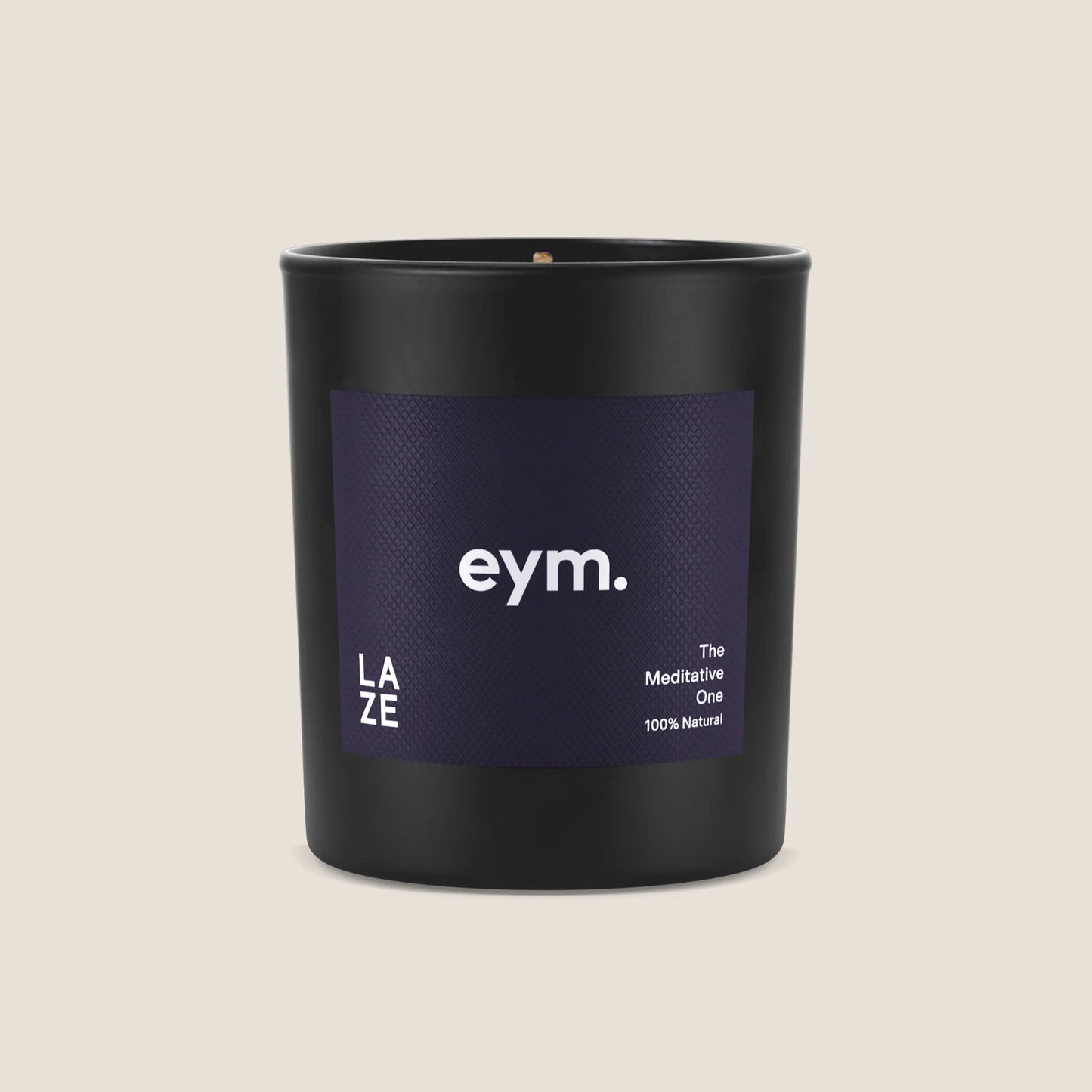 Eym Laze Scented Candle - The Mediative One in a black jar with navy label on the front featuing the eym logo.