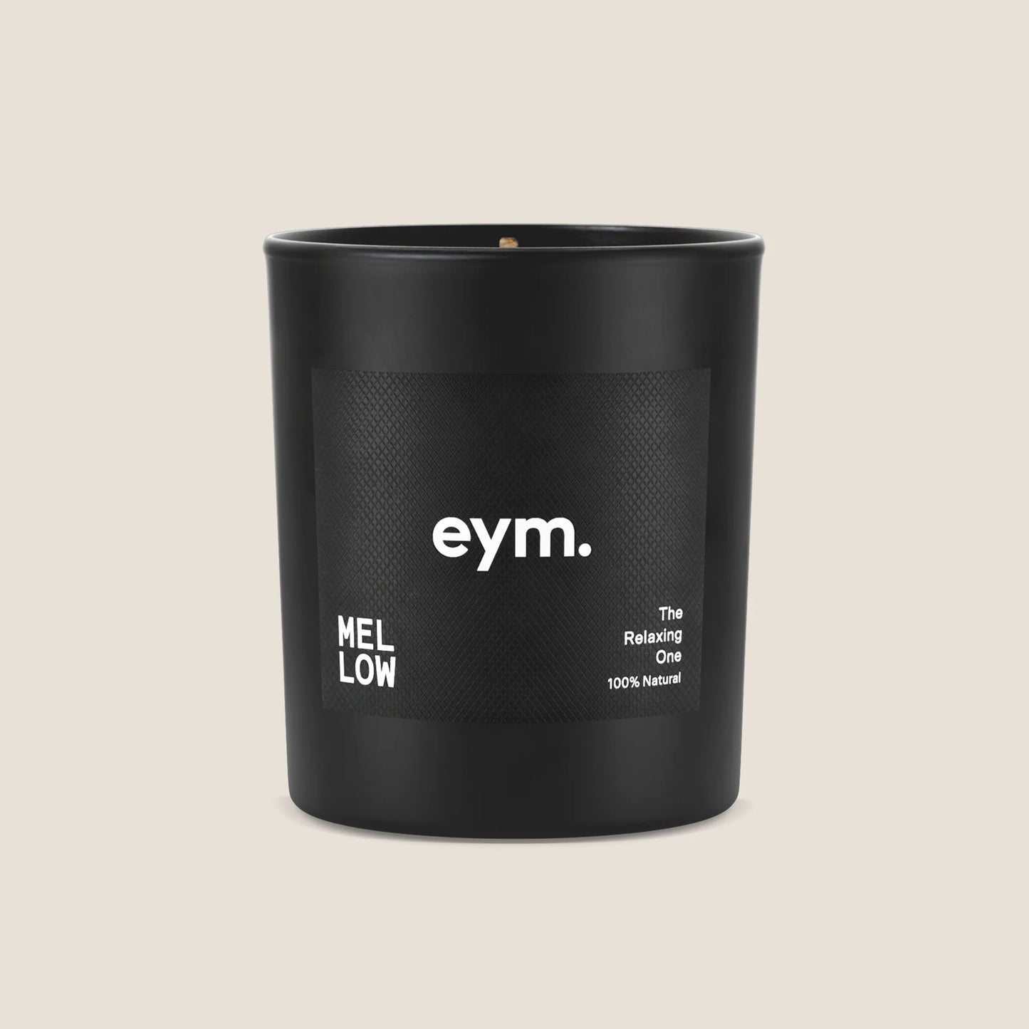 Eym Mellow Scented Candle The Relaxing One in black jar wih eym logo