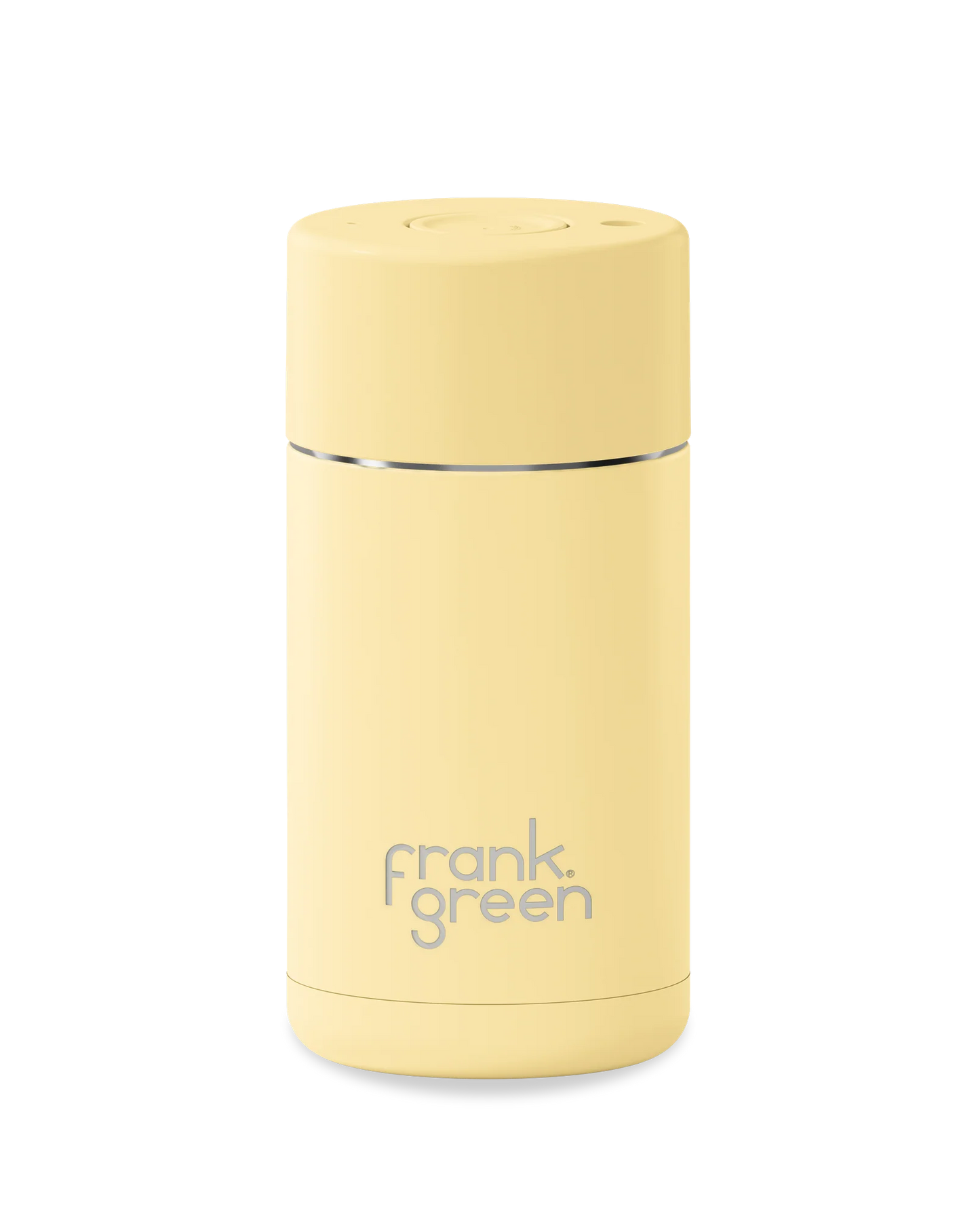 A pale yellow Frank Green vacuum insulated travel bottle with a matching screw-on lid, shown on a solid white background.