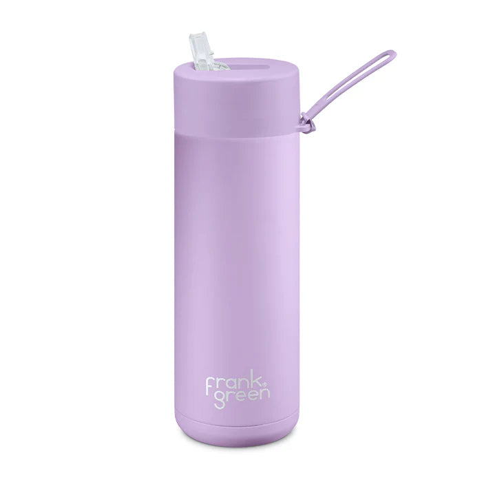 Purple water bottle with straw lid on a white background, featuring the brand 'frank green'.