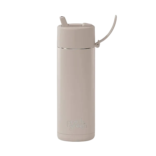A minimalist, matte beige vacuum-insulated water bottle with a matching beige flip-top lid and carrying loop, featuring the 'frank green' logo near the base, set against a plain white background.