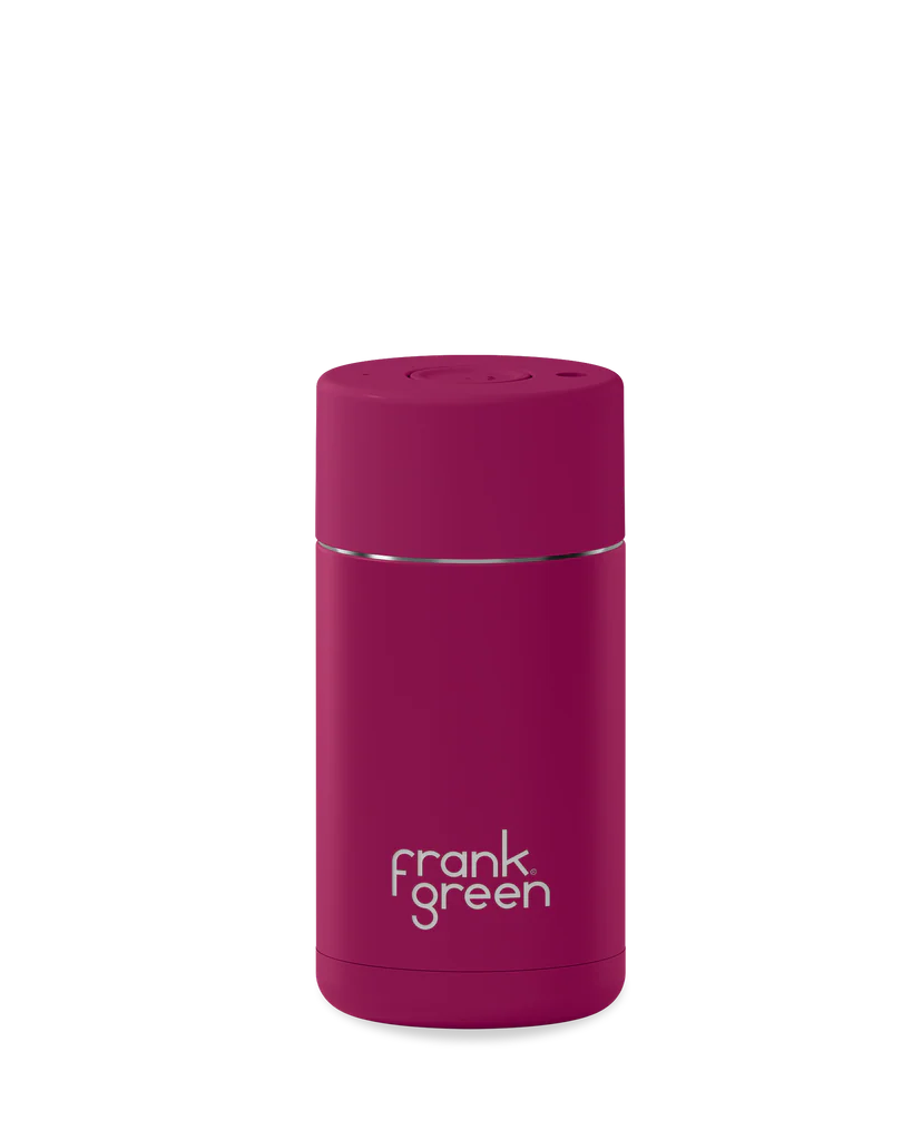 A magenta pink vacuum insulated travel bottle by Frank Green, featuring a matching screw-on lid and white printed brand logo on the front, set against a plain white background.