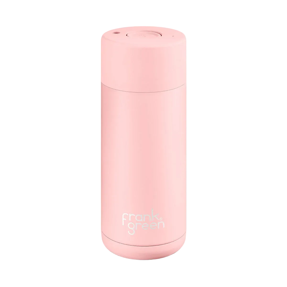 A light pink vacuum-insulated travel tumbler with a matching lid, featuring the 'frank green' logo near the bottom, set against a plain white background.