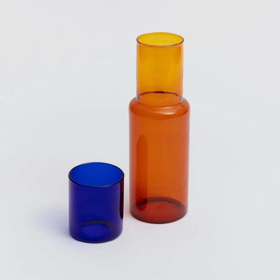 block design glass carafe in amber and cobalt