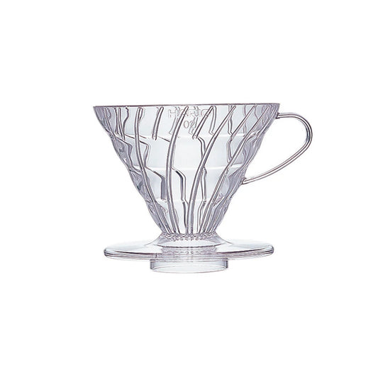 Clear glass coffee dripper on a white background