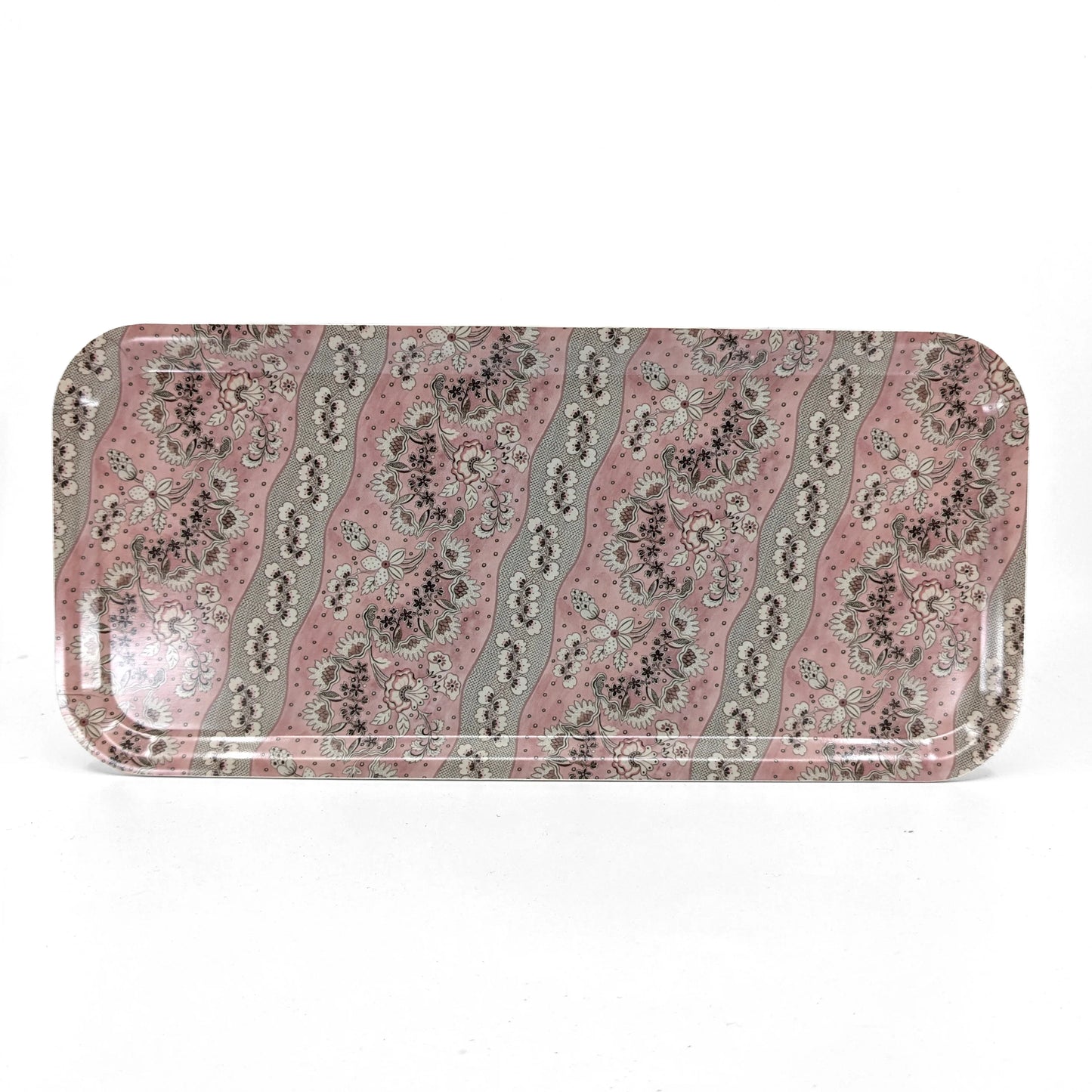 Host Home Narrow Birch Wood Tray in multicolour grey and pink floral pattern on a white background