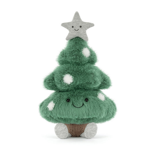 Plush toy Christmas tree with a star on a white background