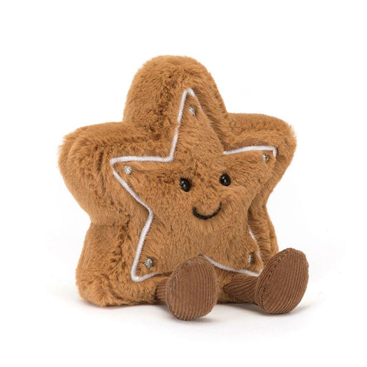 Star-shaped plush toy with a smiling face on a white background