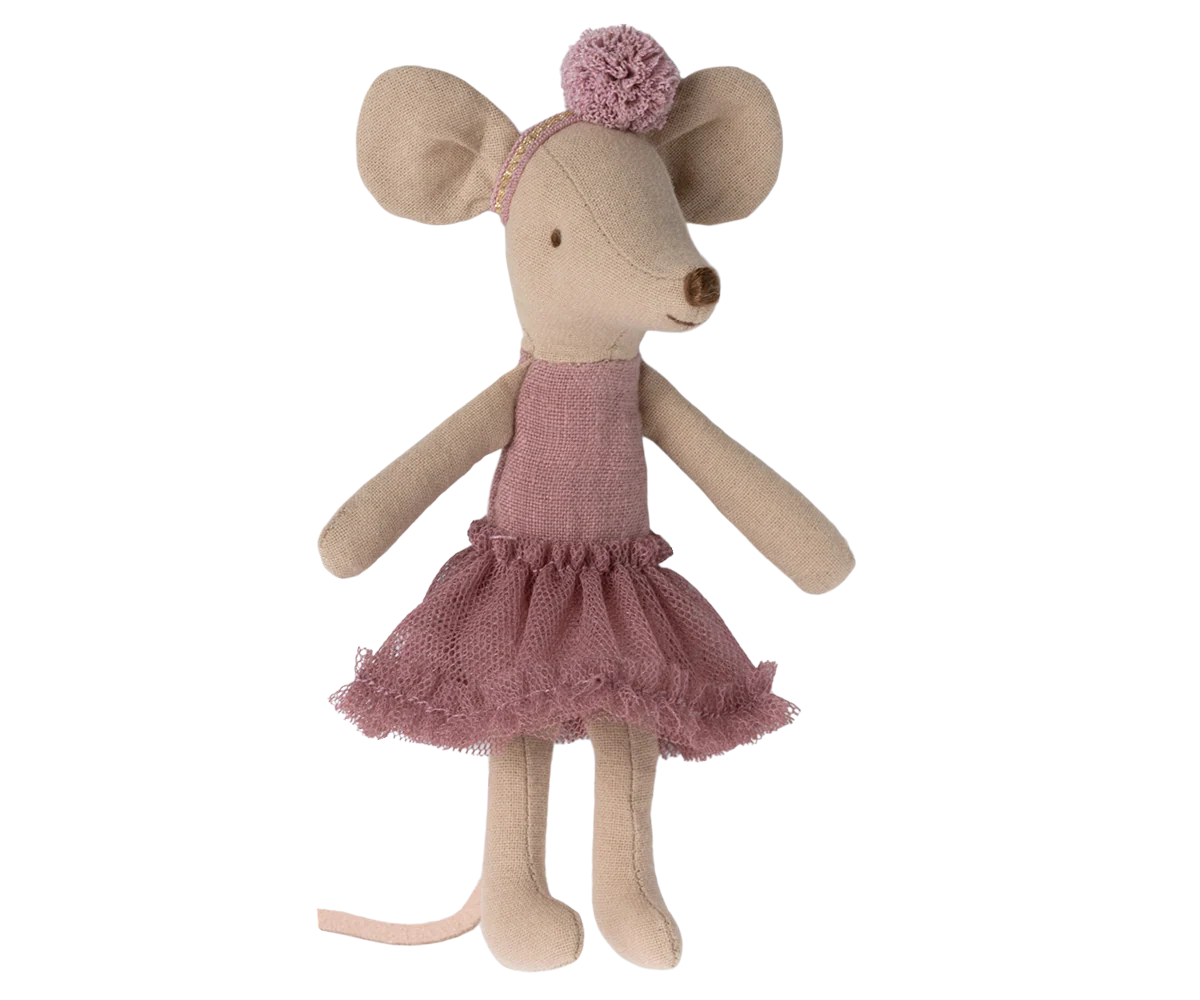 Stuffed mouse toy with a pink dress and headband on a white background