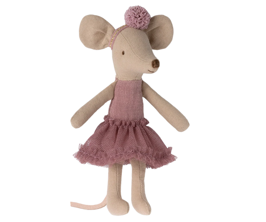 Stuffed mouse toy with a pink dress and headband on a white background
