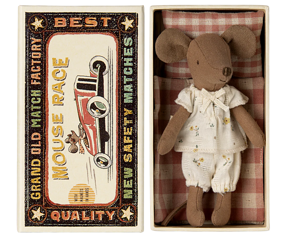 Stuffed mouse soft toy in a matchbox with a vintage-style matchbox labeled 'Mouse Race'.