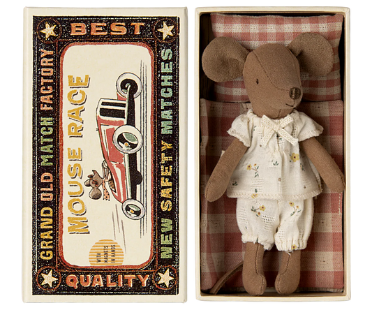 Stuffed mouse soft toy in a matchbox with a vintage-style matchbox labeled 'Mouse Race'.