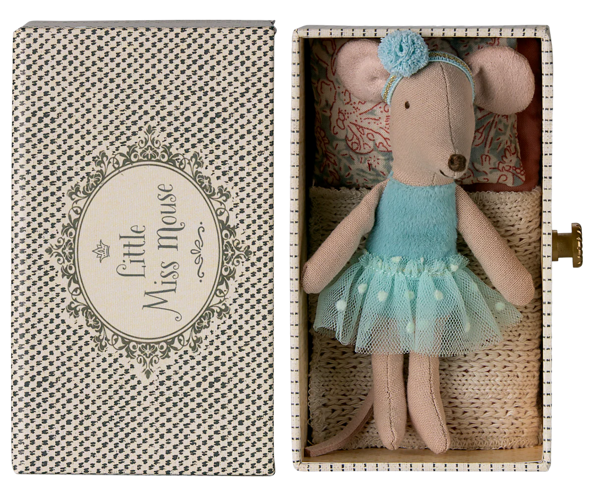 Stuffed mouse toy in a decorative box with 'Little Miss Mouse' text