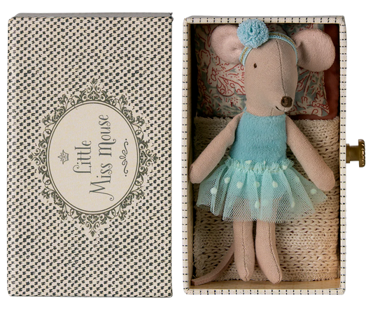 Stuffed mouse toy in a decorative box with 'Little Miss Mouse' text