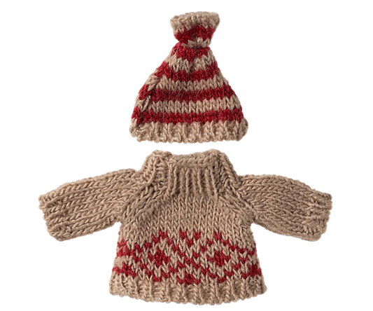 Knitted sweater and hat set with red and beige pattern on a white background