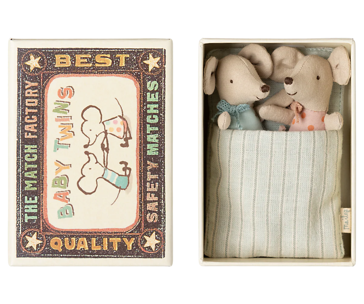 Maileg Set of two mice in pyjamas inside a matchbox