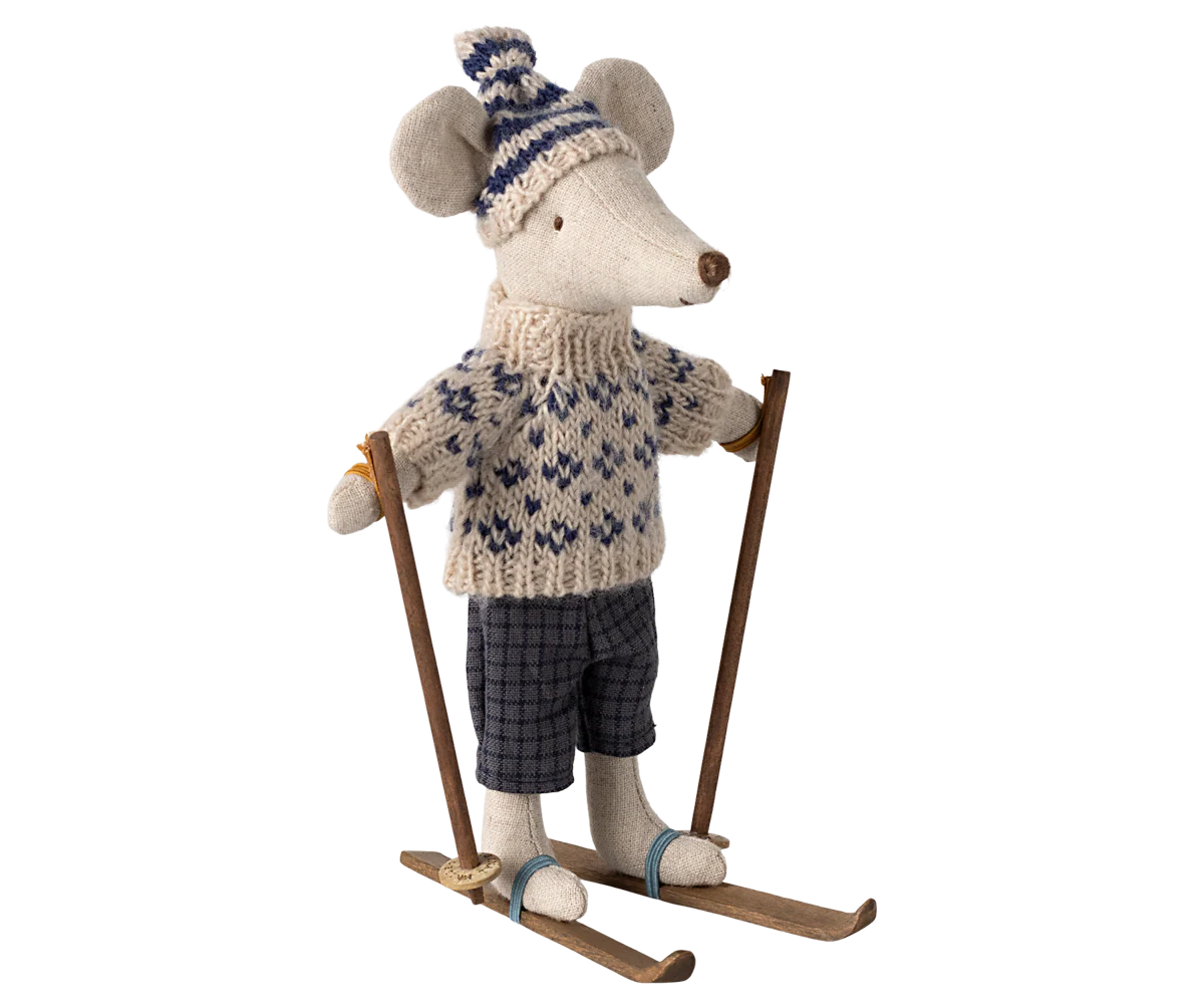 Maileg Winter Mouse with Ski Set Dad in Blue