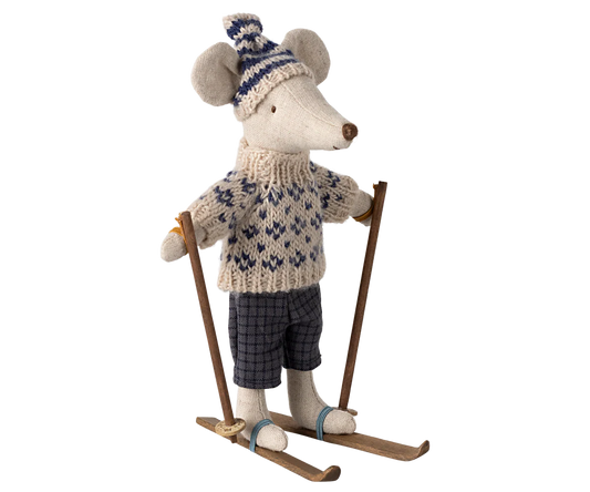 Maileg Winter Mouse with Ski Set Dad in Blue