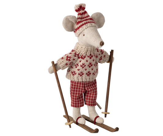 Decorative mouse figure wearing a sweater, hat, and skis on a white background