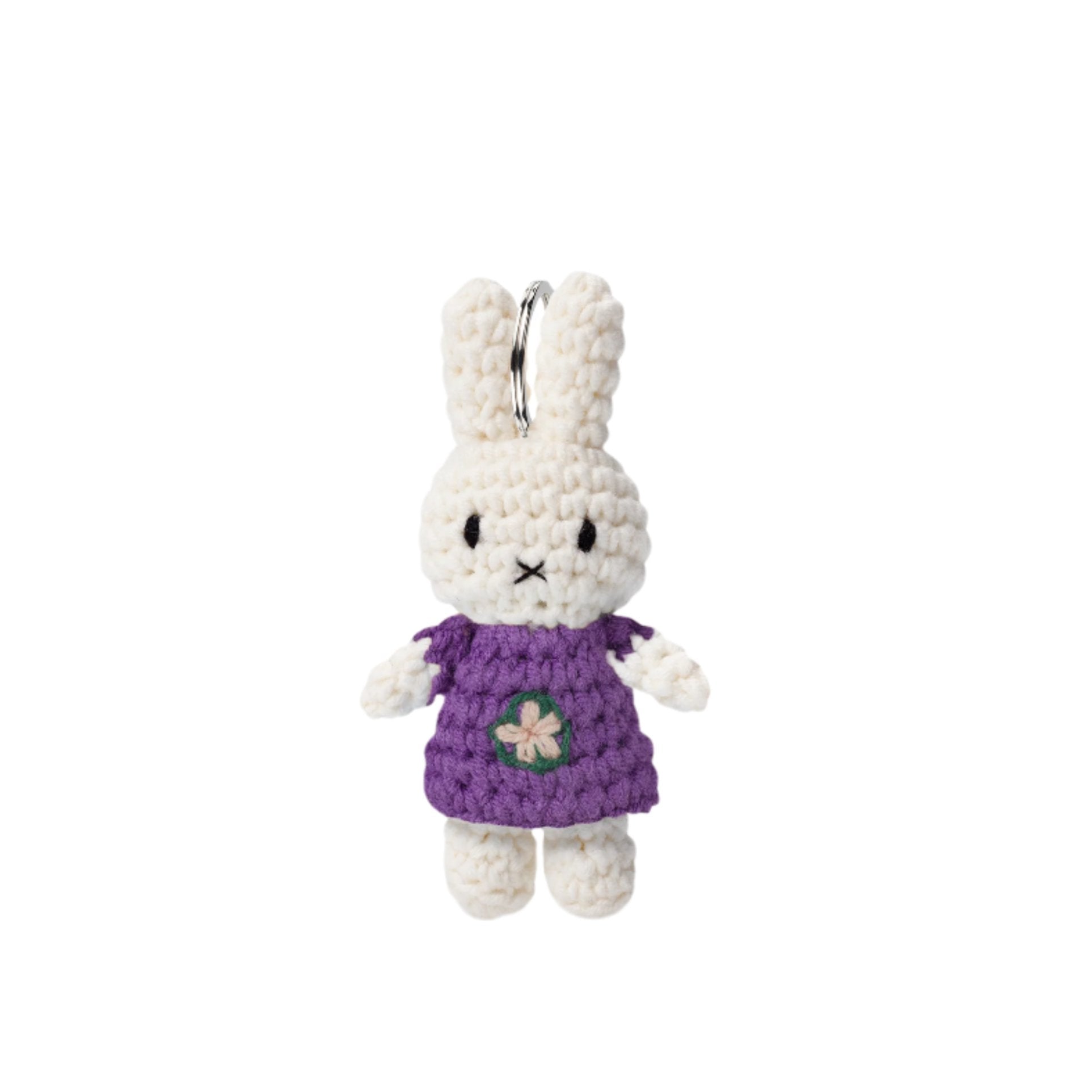 Miffy Handmade Crochet Keyring in lilac dress with a baby pink flower in the middle of the dress