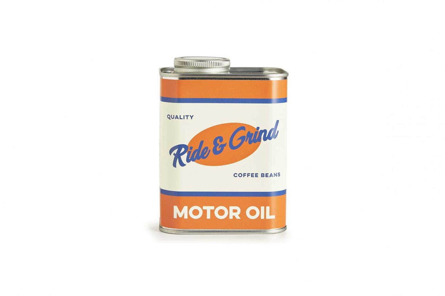 Ride & Grind Motor Oil Coffee Beans in a vintage yellow, cream and blue Tin