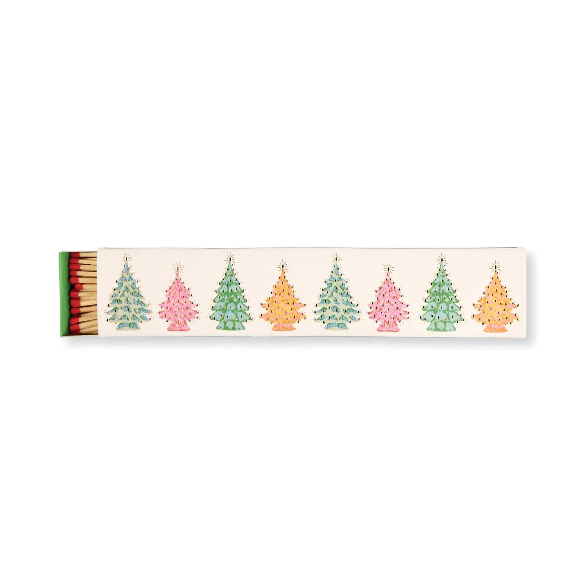 A long rectangular box with a Christmas tree pattern on a cream background, shown on a plain white background. The box has a green side tab with red and green striped matchsticks visible on the left, and six illustrated Christmas trees in green, pink, and orange along the top.