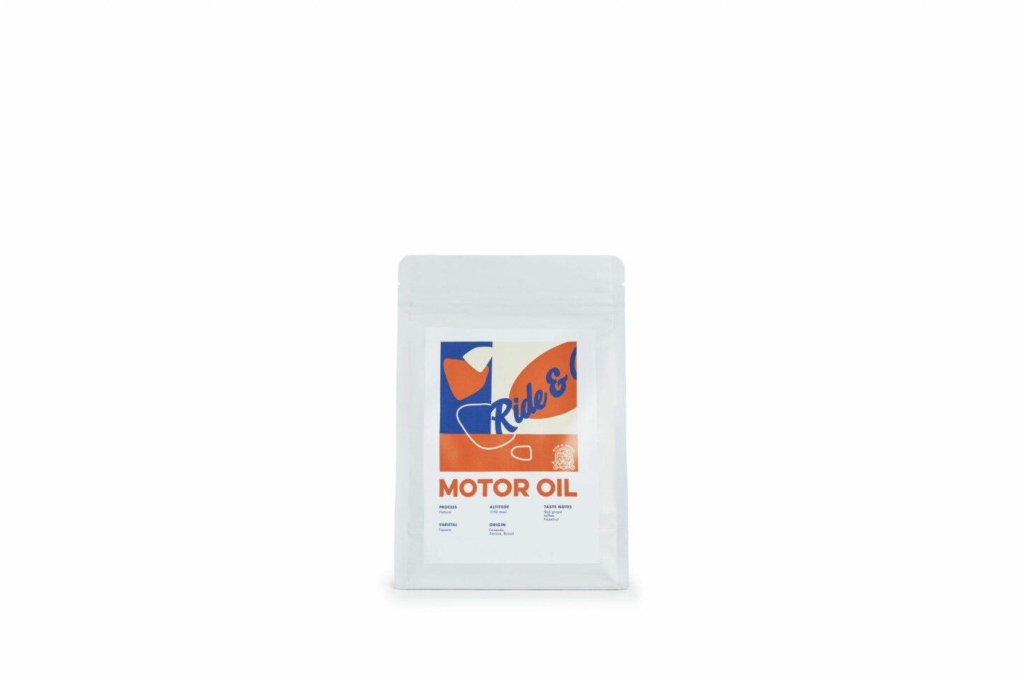 Ride & Grind Motor Oil Coffee Beans in a plastic with multicolour writing.