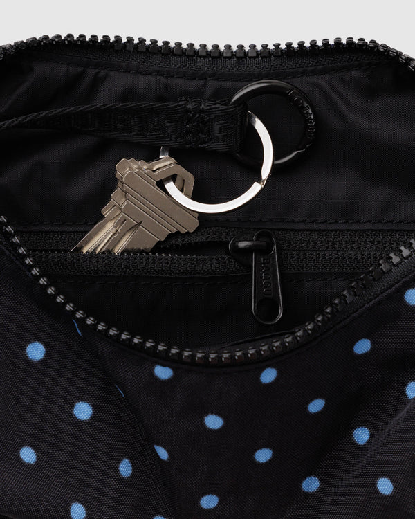 BAGGU Small Nylon Cresent Bag - Black and Sky Blue Micro Dot