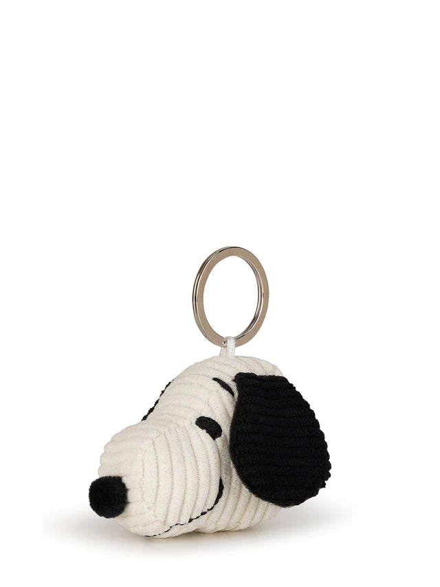 Keychain shaped like a Snoopy dog with a black nose and ears on a white background