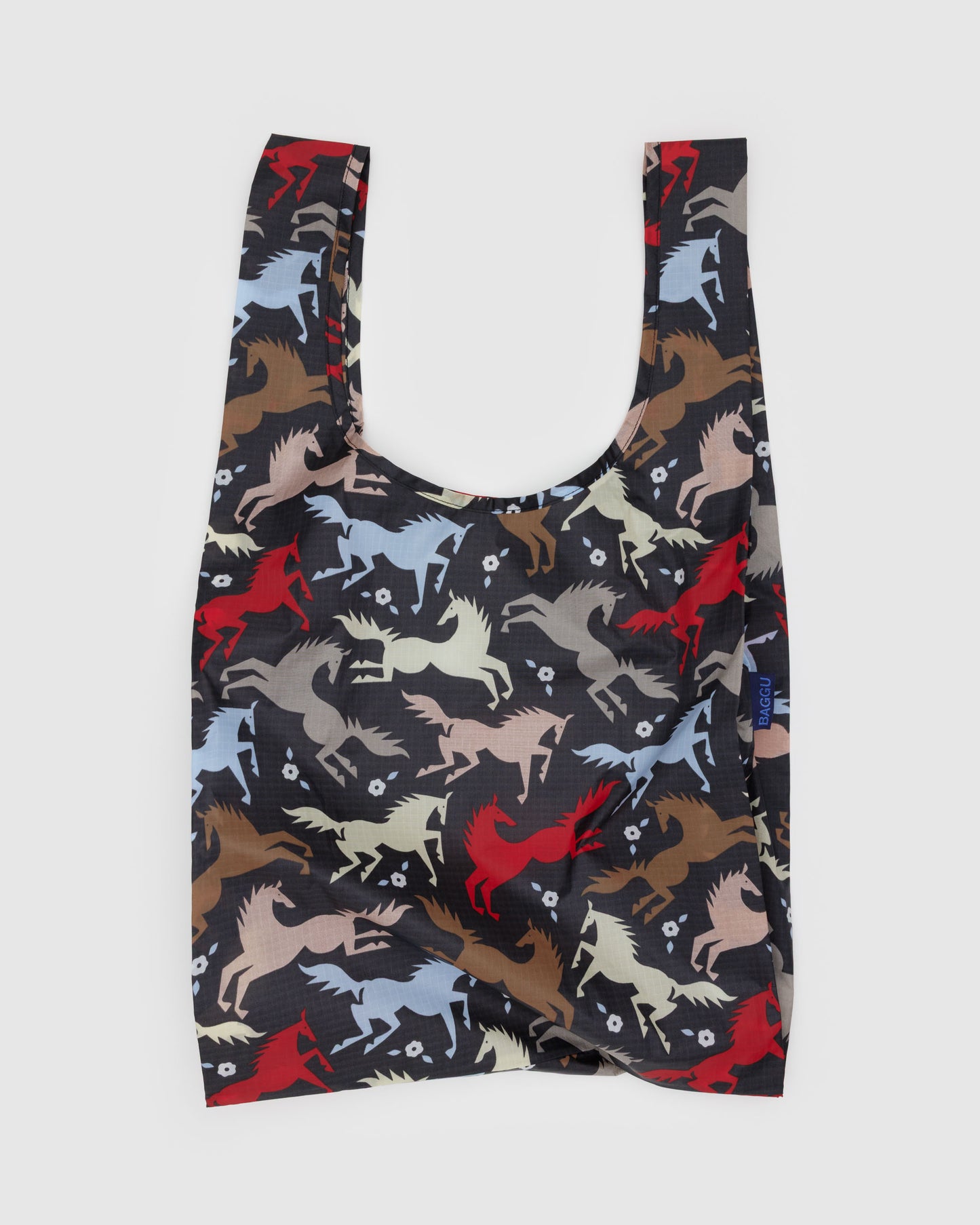 Reusable bag with horse pattern on a light gray background